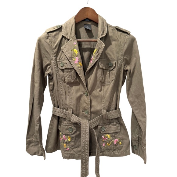 FRENCH CUFF Utility Jacket Embroidered Floral Belt Pre-Loved Olive Green Size S - Picture 2 of 10